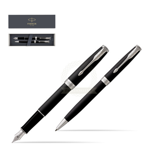 Parker Sonnet Matte Black Lacquer CT Stylo-plume + Stylo-bille in a Gift Box