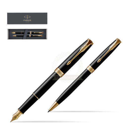 Parker Sonnet Black Lacquer GT Stylo-plume + Stylo-bille in a Gift Box