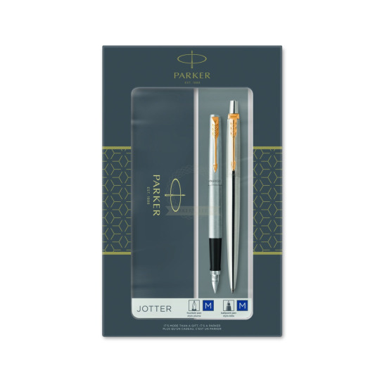 Parker Jotter Stainless Steel Chrome Color Trim  GT Fountain Pen + Ballpoint Pen in a Gift Box
