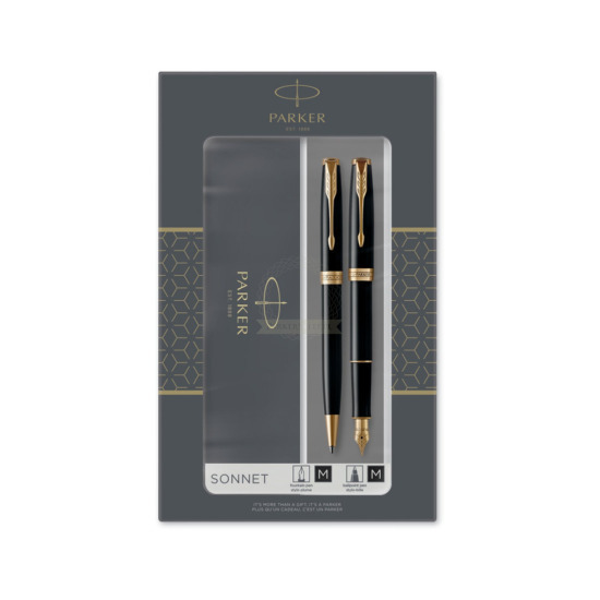Parker Sonnet Black Lacquer GT Fountain Pen + Ballpoint Pen in a Gift Box