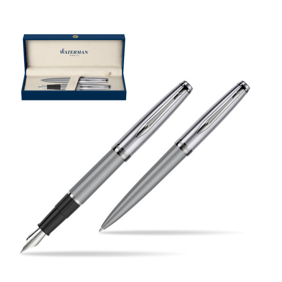 Waterman Embleme Metallic Gray CT Fountain Pen + Waterman Embleme Metallic Gray CT Ballpoint Pen in gift box
