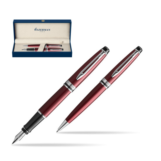 Waterman Expert Dark Red CT Fountain Pen + Waterman Expert Dark Red Ballpoint Pen in gift box