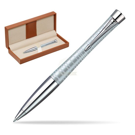 Parker Urban Premium Vacumatic Silver-Blue Pearl CT Ballpoint Pen  in classic box brown