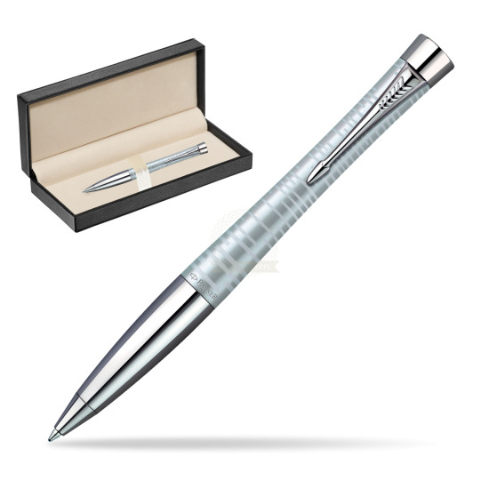 Parker Urban Premium Vacumatic Silver-Blue Pearl CT Ballpoint Pen in classic box pure black