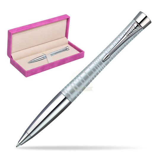 Parker Urban Premium Vacumatic Silver-Blue Pearl CT Ballpoint Pen in suede box fuchsia