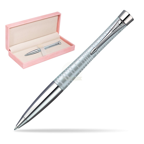 Parker Urban Premium Vacumatic Silver-Blue Pearl CT Ballpoint Pen in suede box pink