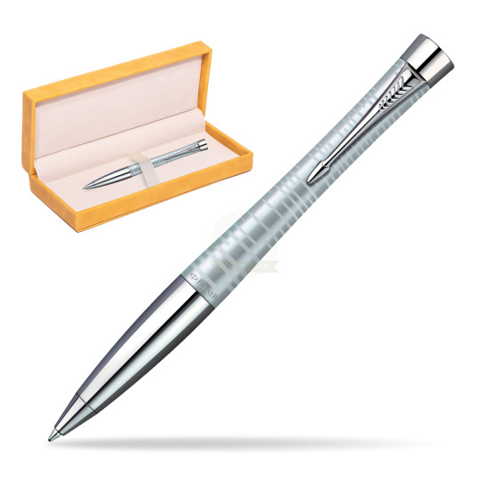 Parker Urban Premium Vacumatic Silver-Blue Pearl CT Ballpoint Pen in suede box yellow