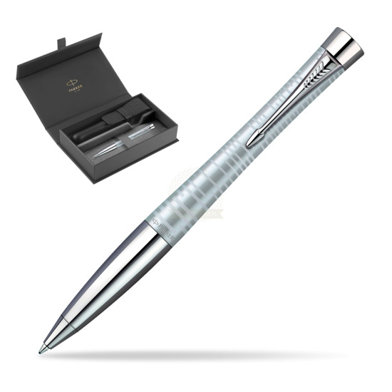 Parker Urban Premium Vacumatic Silver-Blue Pearl CT Ballpoint Pen in original Parker box, closed case