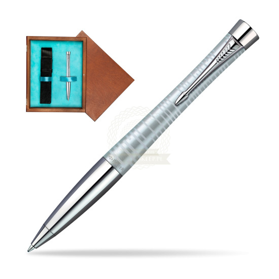 Parker Urban Premium Vacumatic Silver-Blue Pearl CT Ballpoint Pen in single wooden box Mahogany Single Turquoise 