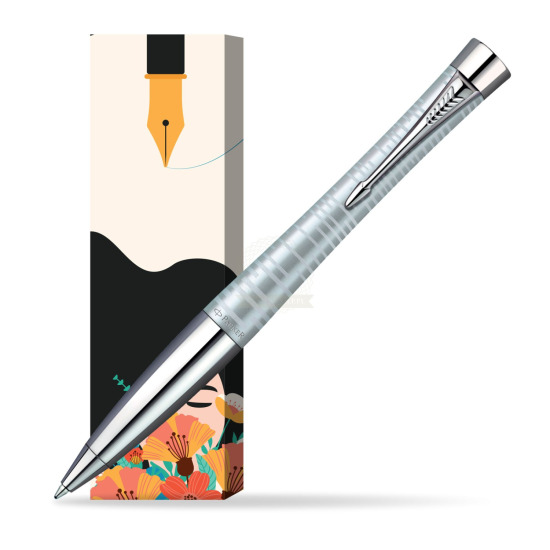 Parker Urban Premium Vacumatic Silver-Blue Pearl CT Ballpoint Pen in cover Poppy