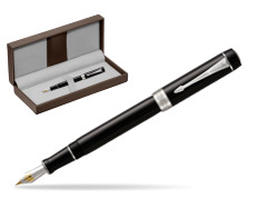 Parker Duofold Classic Black Centennial CT Fountain Pen in the brown leather box