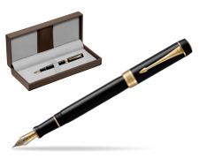 Parker Duofold Classic Black Centennial GT Fountain Pen in the brown leather box
