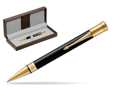 Parker Duofold Classic Black GT Ballpoint Pen in the brown leather box