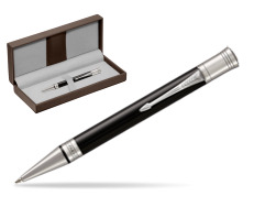 Parker Duofold Classic Black CT Ballpoint Pen in the brown leather box