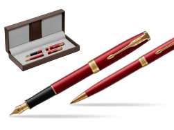 Parker Sonnet Intense Red Lacquer GT Fountain Pen + Ballpoint Pen in a Gift Box in the brown leather box