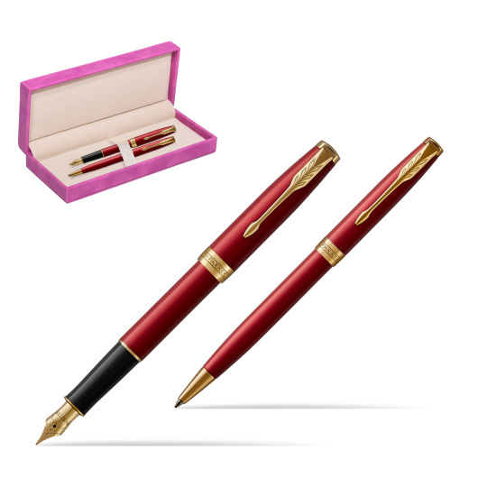 Parker Sonnet Intense Red Lacquer GT Fountain Pen + Ballpoint Pen in a Gift Box in suede box fuchsia