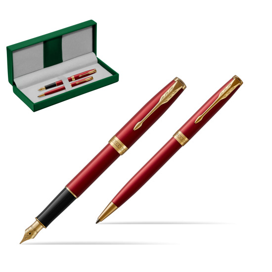 Parker Sonnet Intense Red Lacquer GT Fountain Pen + Ballpoint Pen in a Gift Box in the green leather box