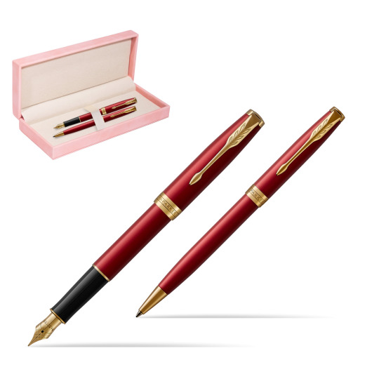 Parker Sonnet Intense Red Lacquer GT Fountain Pen + Ballpoint Pen in a Gift Box in suede box pink