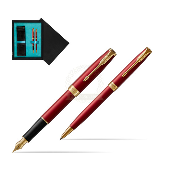 Parker Sonnet Intense Red Lacquer GT Fountain Pen + Ballpoint Pen in a Gift Box in double wooden box Black Double Turquoise