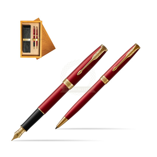 Parker Sonnet Intense Red Lacquer GT Fountain Pen + Ballpoint Pen in a Gift Box in double wooden box Honey Double Ecru