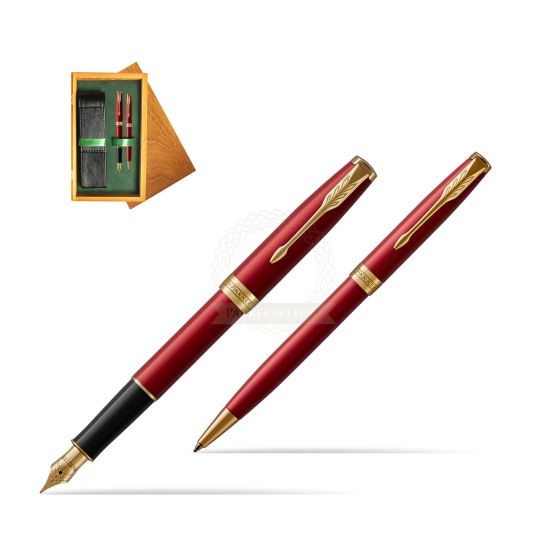 Parker Sonnet Intense Red Lacquer GT Fountain Pen + Ballpoint Pen in a Gift Box in double wooden box Honey Green