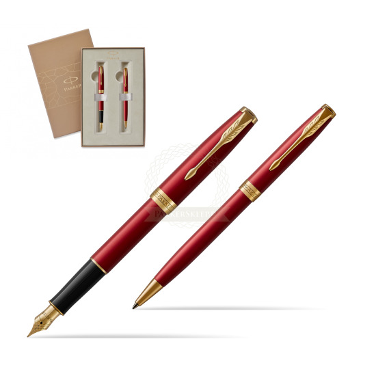 Parker Sonnet Intense Red Lacquer GT Fountain Pen + Ballpoint Pen in a Gift Box 
