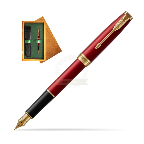 Parker Sonnet Intense Red Lacquer GT Penna Stilografica in single wooden box Honey Single Green