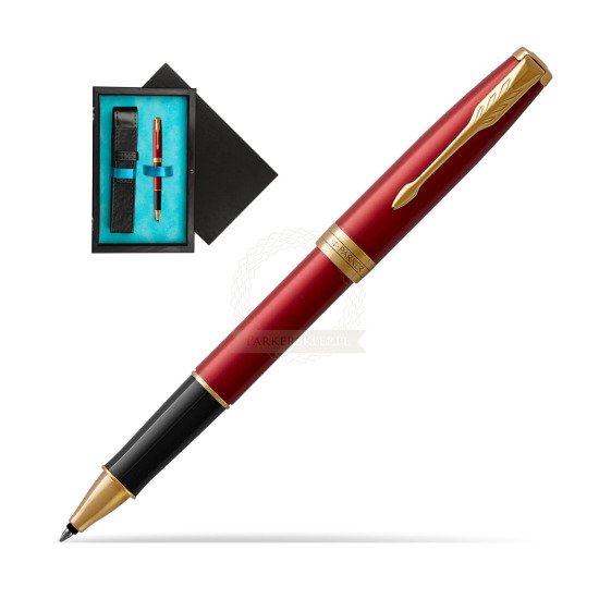 Parker Sonnet Intense Red Lacquer GT Rollerball Pen in single wooden box Black Single Turquoise