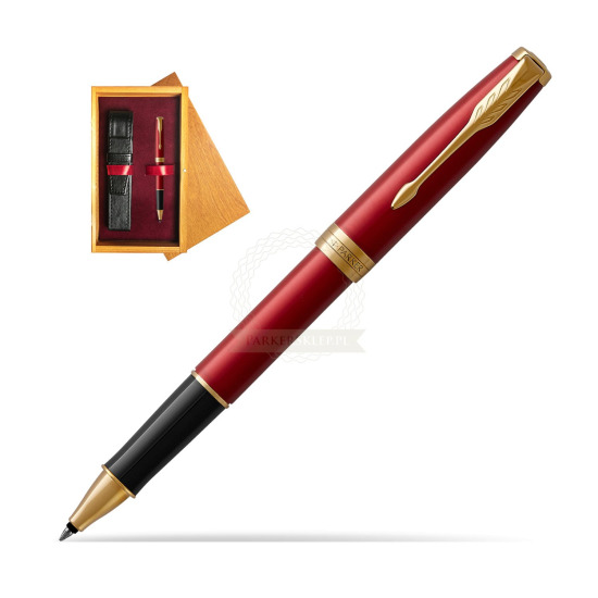 Parker Sonnet Intense Red Lacquer GT Rollerball Pen in single wooden box Honey Single Maroon