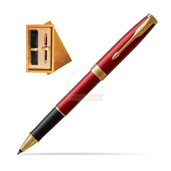 Parker Sonnet Intense Red Lacquer GT Rollerball Pen in single wooden box Honey Single Ecru