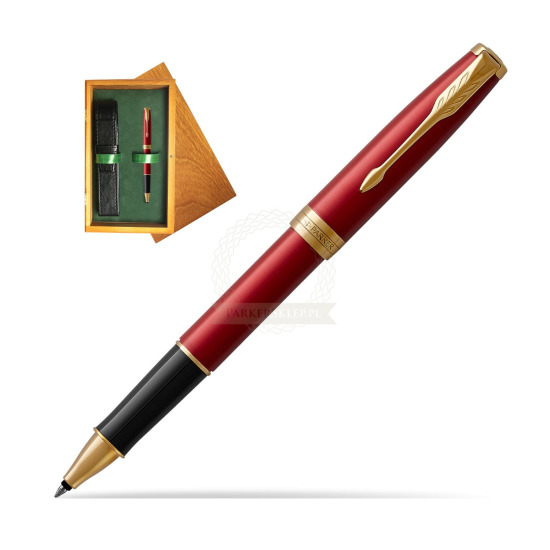 Parker Sonnet Intense Red Lacquer GT Rollerball Pen in single wooden box Honey Single Green