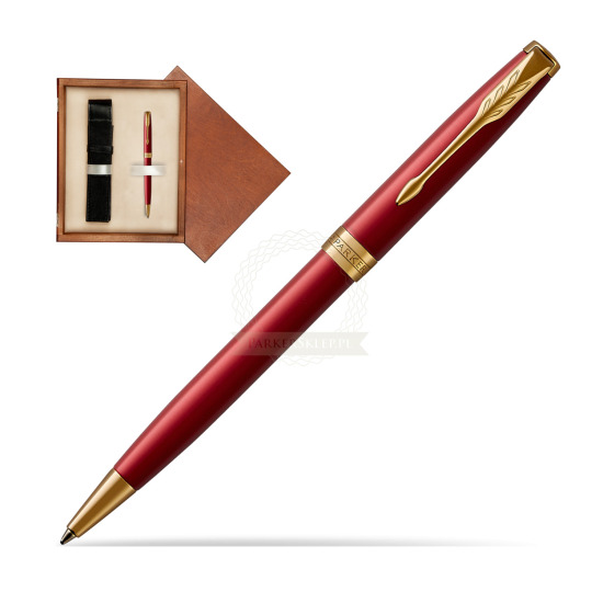 Parker Sonnet Intense Red Lacquer GT Penna a Sfera in single wooden box Mahogany Single Ecru