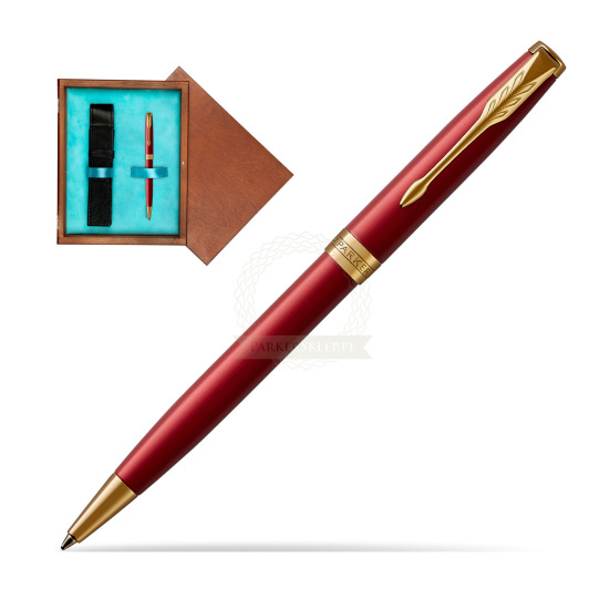 Parker Sonnet Intense Red Lacquer GT Penna a Sfera in single wooden box Mahogany Single Turquoise 