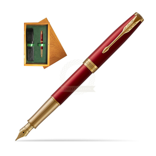 Parker Sonnet Premium Intense Red GT Penna Stilografica in single wooden box Honey Single Green