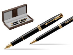 Parker Sonnet Black Lacquer GT Stylo-plume + Stylo-bille in a Gift Box in the brown leather box