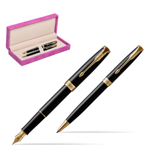 Parker Sonnet Black Lacquer GT Fountain Pen + Ballpoint Pen in a Gift Box in suede box fuchsia