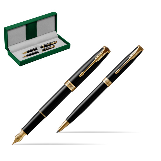 Parker Sonnet Black Lacquer GT Stylo-plume + Stylo-bille in a Gift Box in the green leather box