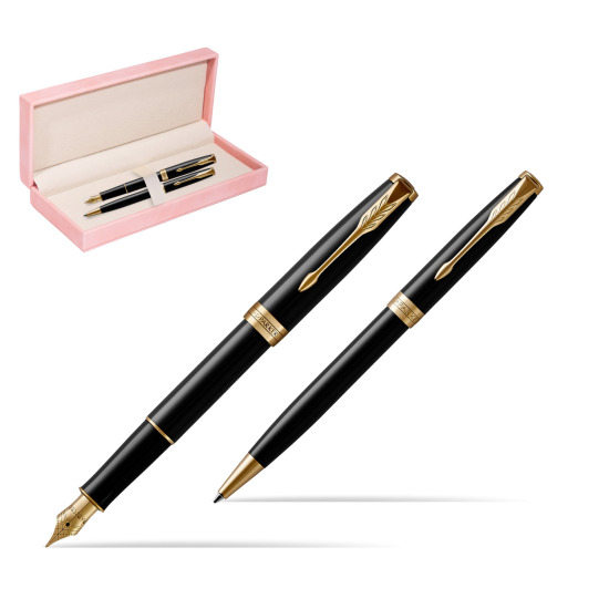 Parker Sonnet Black Lacquer GT Fountain Pen + Ballpoint Pen in a Gift Box in suede box pink