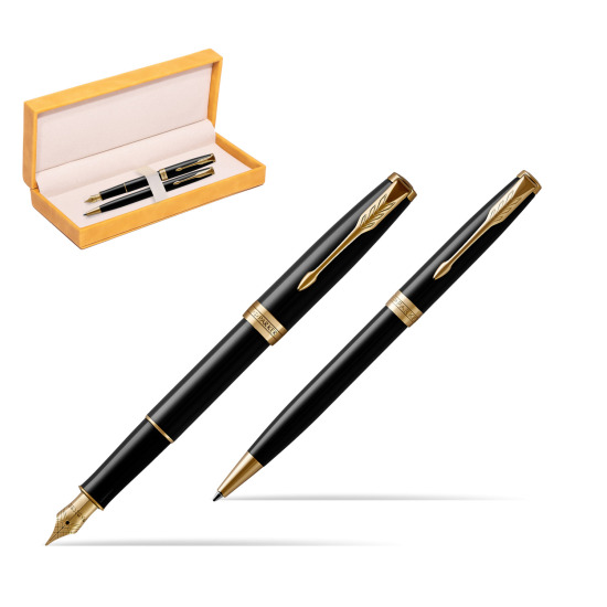 Parker Sonnet Black Lacquer GT Fountain Pen + Ballpoint Pen in a Gift Box in suede box yellow