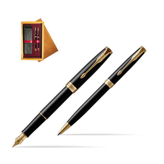 Parker Sonnet Black Lacquer GT Fountain Pen + Ballpoint Pen in a Gift Box in double wooden box Honey Double Maroon