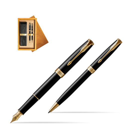 Parker Sonnet Black Lacquer GT Fountain Pen + Ballpoint Pen in a Gift Box in double wooden box Honey Double Ecru