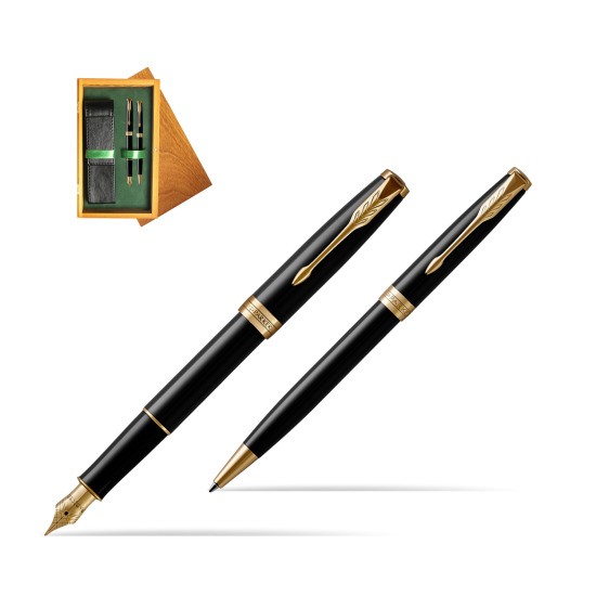 Parker Sonnet Black Lacquer GT Fountain Pen + Ballpoint Pen in a Gift Box in double wooden box Honey Green