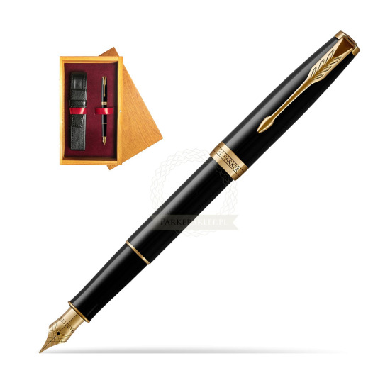 Parker Sonnet Black Lacquer GT Penna Stilografica in single wooden box Honey Single Maroon