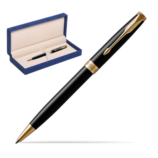 Parker Sonnet Black Lacquer GT Penna a Sfera in suede box navy blue