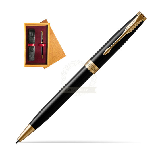 Parker Sonnet Black Lacquer GT Penna a Sfera in single wooden box Honey Single Maroon