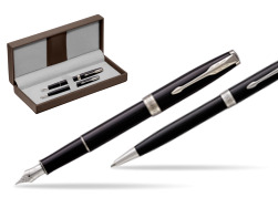 Parker Sonnet Black Lacquer CT Fountain Pen + Ballpoint Pen in a Gift Box in the brown leather box