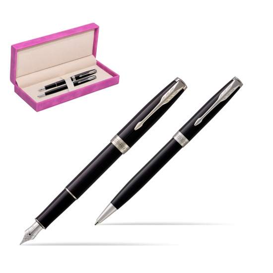 Parker Sonnet Black Lacquer CT Fountain Pen + Ballpoint Pen in a Gift Box in suede box fuchsia