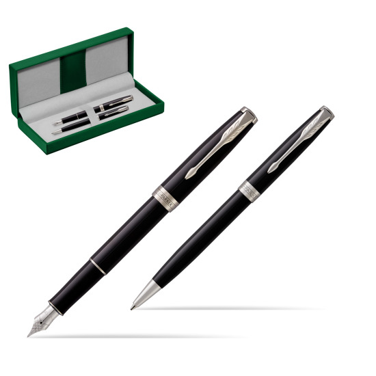 Parker Sonnet Black Lacquer CT Fountain Pen + Ballpoint Pen in a Gift Box in the green leather box