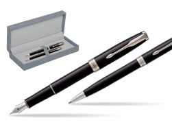 Parker Sonnet Black Lacquer CT Fountain Pen + Ballpoint Pen in a Gift Box in suede box grey