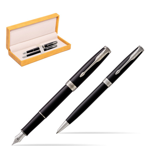 Parker Sonnet Black Lacquer CT Fountain Pen + Ballpoint Pen in a Gift Box in suede box yellow